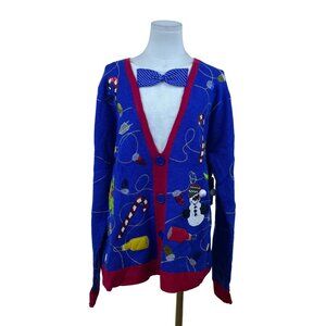 Jolly Sweaters Blue & Red Acrylic Christmas Cardigan XL Holiday Festive - New